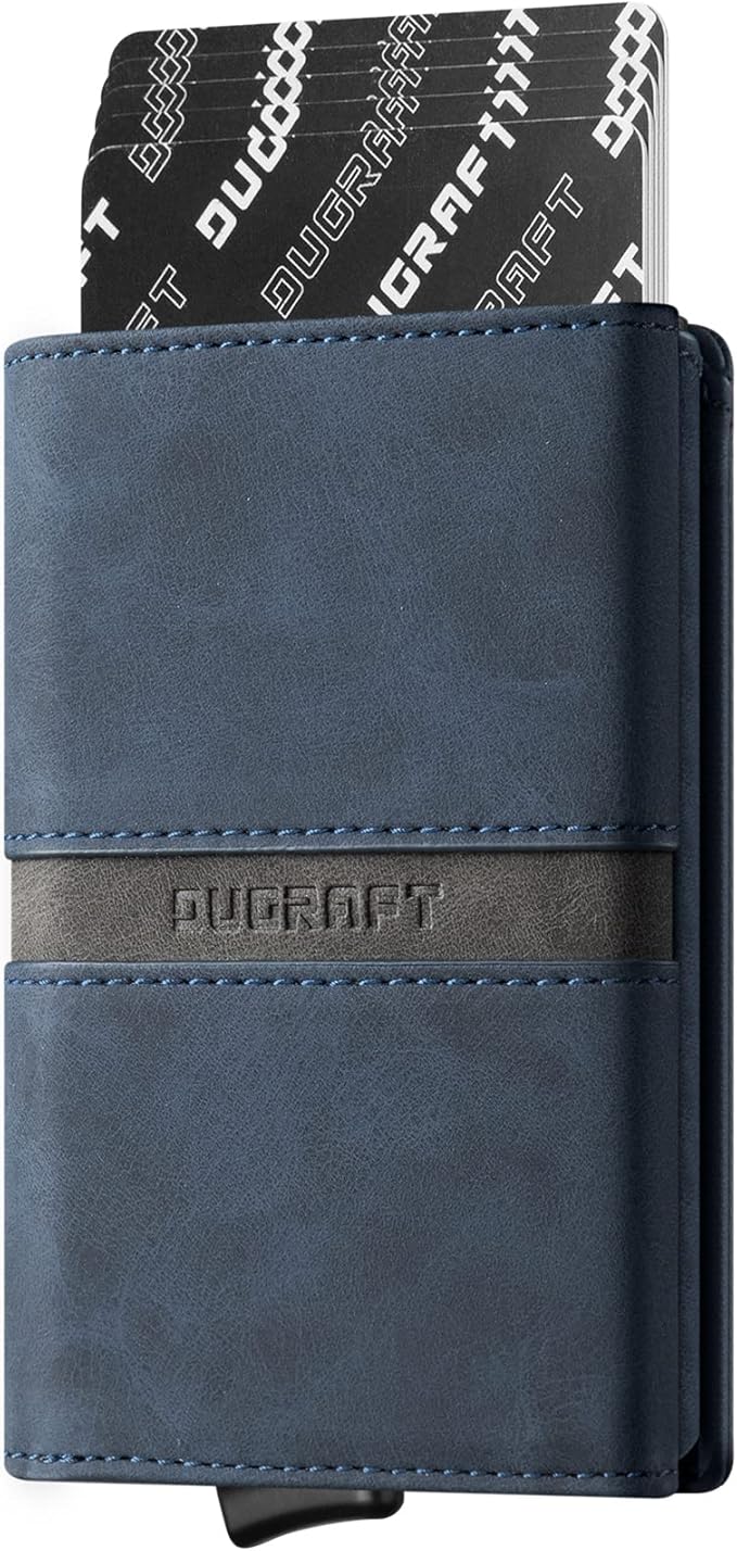 DUGRAFT Card Holder Wallet with ID Window, Leather Mens RFID Blocking Minimalist Pop-Up Wallet Aluminum Metal Credit Card Case with Banknote Compartment