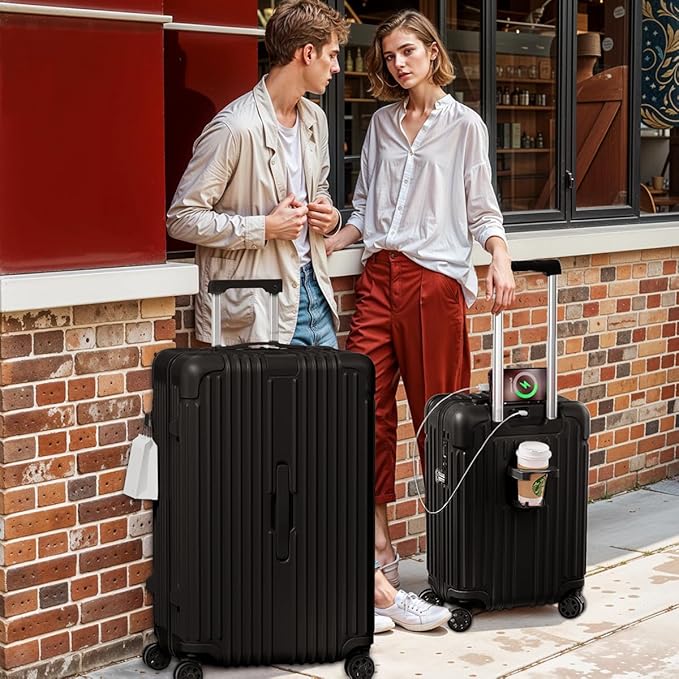 Krute Luggage Sets 2 Piece Suitcase with Spinner Wheels PC+ABS Hardside Suitcases Charging Port TSA Lock Carry On Luggage with Cup Holder 20+28 Inch