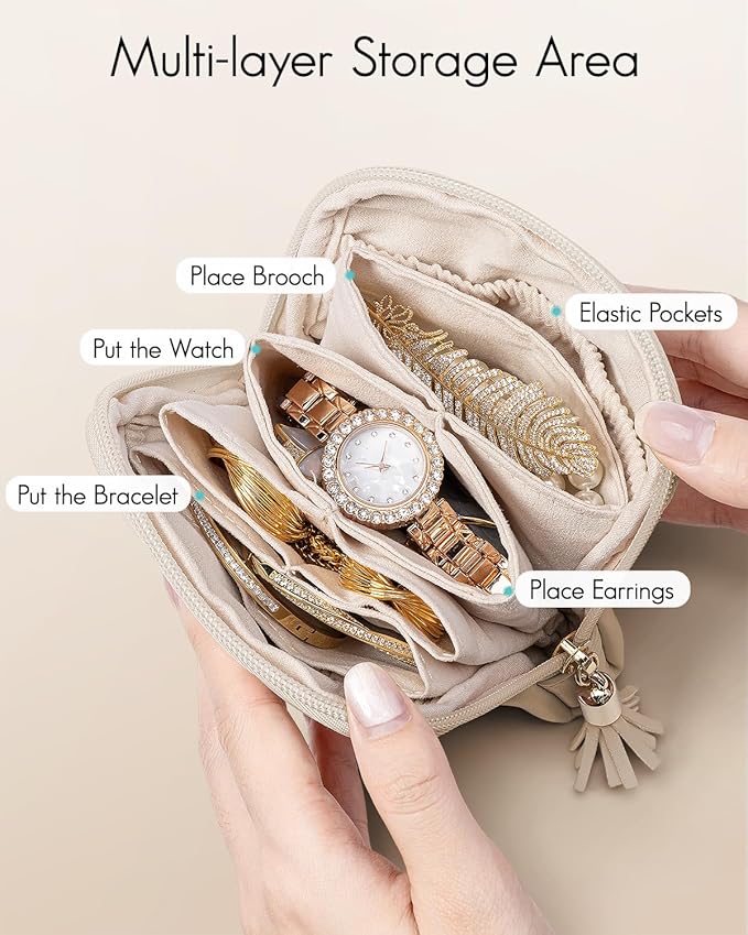 Vlando Small Jewelry Travel Case,Jewelry Pouch Bags with Zipper,Velvet Jewelry Organizer Storage Bag for Bracelet Rings Earring Travel Essentials Gifts for Women Girl-Toffee