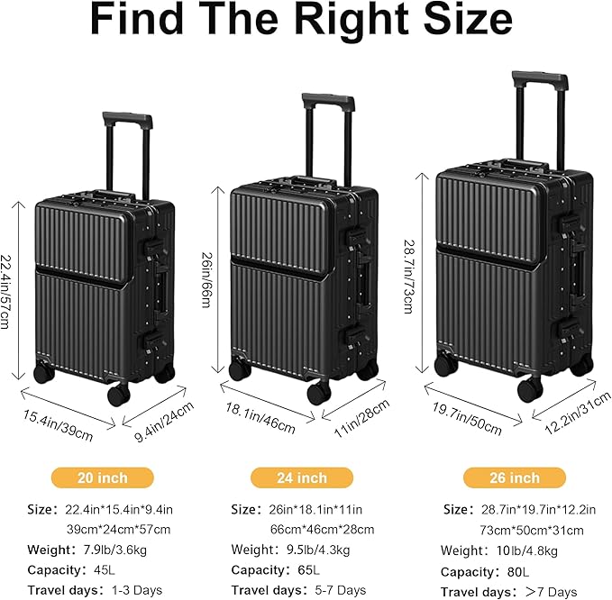 Hard Shell Luggage 24 Inch Travel Luggage, Carry-On Luggage Spinner TSA with Lid, ABS Aluminum Frame，Lightweight Travel Luggage 20'' 24'' 26''Carry-On (upgraded black, 24 inch)