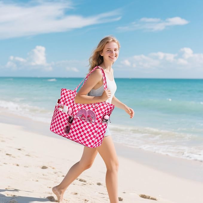 LEDAOU Large Beach Tote Bag Women Waterproof Sandproof Zipper Beach Tote Bag for Pool Gym Grocery Travel with Wet Pocket