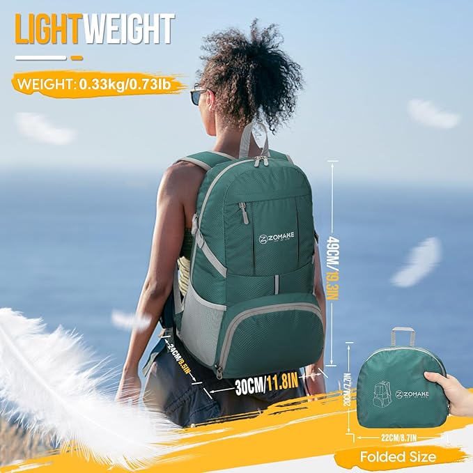 ZOMAKE Lightweight Packable Backpack 35L, Light Foldable Backpacks Water Resistant Collapsible Hiking Bag, Compact Folding Day Pack for Travel Camping(Dark Green)