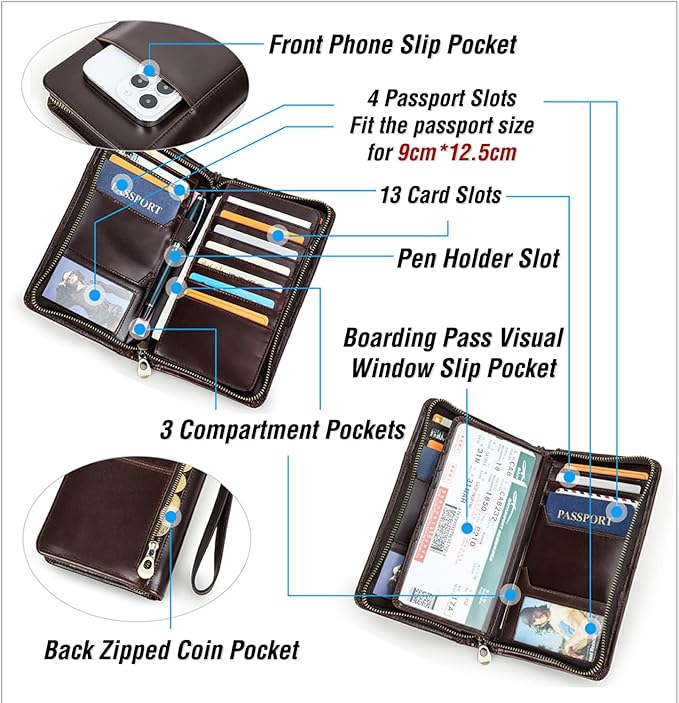 Top Grain Leather Travel Passport Wallet Holder for Man & Woman, Handmade with Three-Layer for 4 Passports & Multi Cards, RFID Blocking Large Capacity for Cards/Passports/Tickets, Blue
