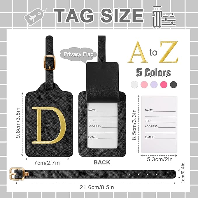 Personalized Initial Luggage Tags for Suitcase TSA Approved, Black Leather Cute Luggage Tag with Privacy Cover Name Card, Embroidered Custom Luggage Tags Travel Backpack Tags Gifts for Women Kids(D)