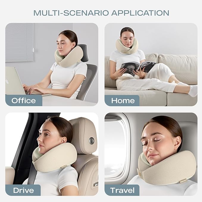 Skechers Men's Memory Foam Neck Pillow, Comfortable & Breathable Travel Pillow, Neck Pillow Airplane for Travel, Car Rides, Home, and Office Use, Ergonomic Design for Men and Women,Beige