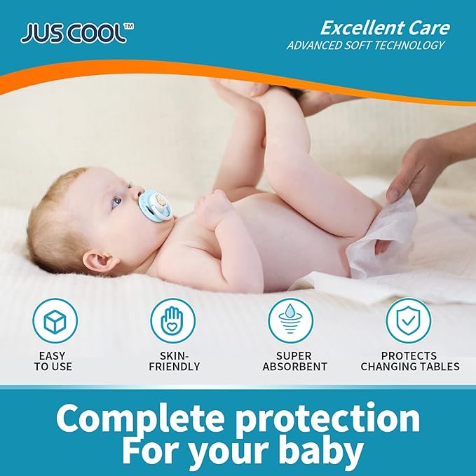 JUS COOL Baby Disposable Changing Pads, 24”x 24”(100 Count) Underpads Portable Diaper Changing Pads, Soft Bed Pads Ultra Absorbent and Waterproof