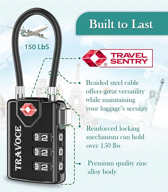 TSA Approved Luggage Locks, Travel Locks Which Also Work Great as Gym Locks, Toolbox Lock, Backpack and More, Black 10 Pack