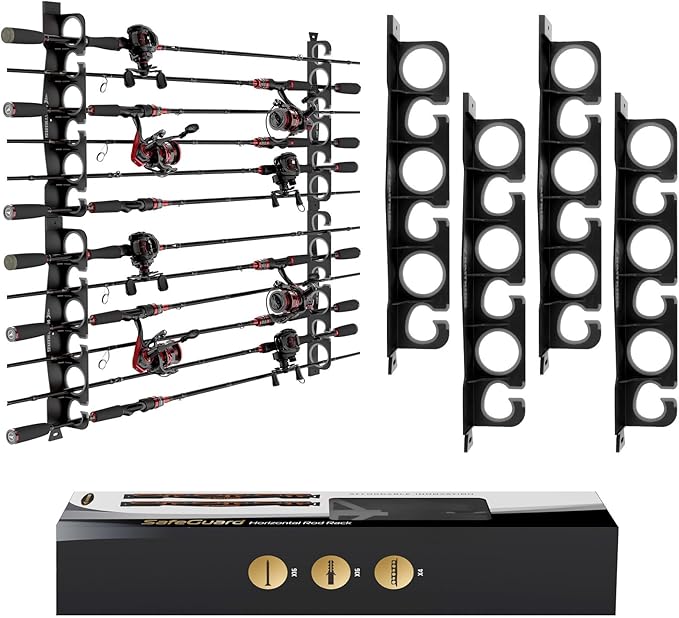KastKing SafeGuard Fishing Rod Holder for Garage, Wall or Ceiling Mounted Fishing Rod Rack Storage Organizer, Fishing Pole Holder Holds 12 Rods or Combos in Less Than 36 Inches