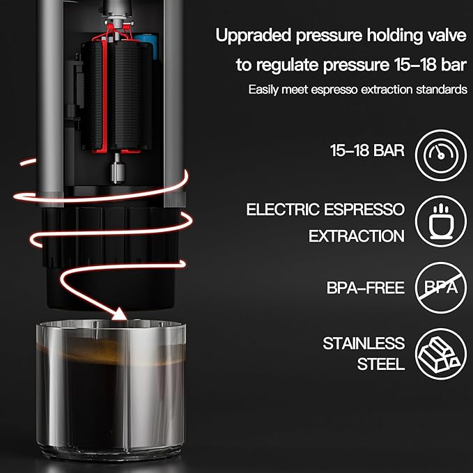 CONQUECO Portable Espresso Coffee Machine: 12V Electric Small Travel Expresso Maker - Self Heating 8 Cups Battery Powered Compatible for Nespresso Capsule - for Camping RV Hiking Office (Smoke Blue)