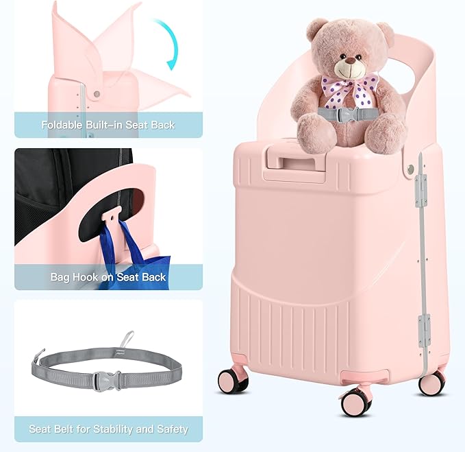 22" Ride On Luggage with Seat for Kids & Adults, Lightweight Hardside Ride-On Suitcase with Front Opening, TSA Lock, 360° Spinner Wheels, Pink
