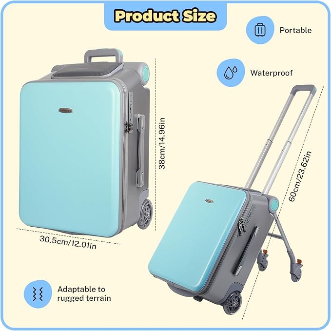 FAHKNS Ride on Carry On Suitcase for Kids,Large Suitcases with Child Seat Design,Rolling Travel Luggage With Kids Seat for Airplane,Blue