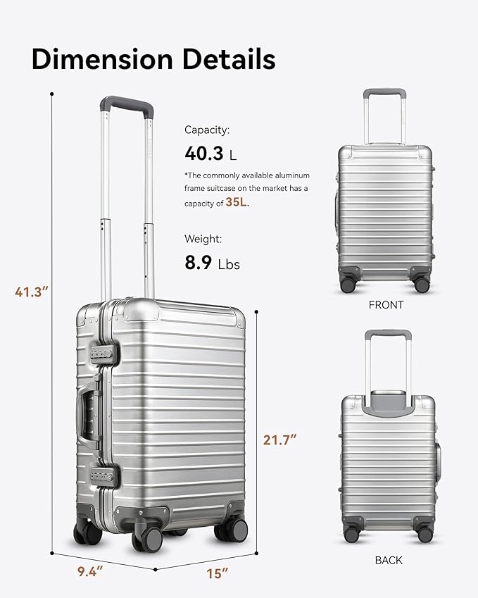 LUGGEX All Aluminum Carry On Luggage with Wheels - Zipperless Hardshell Suitcase with TSA Lock (Silver, 20 Inch)