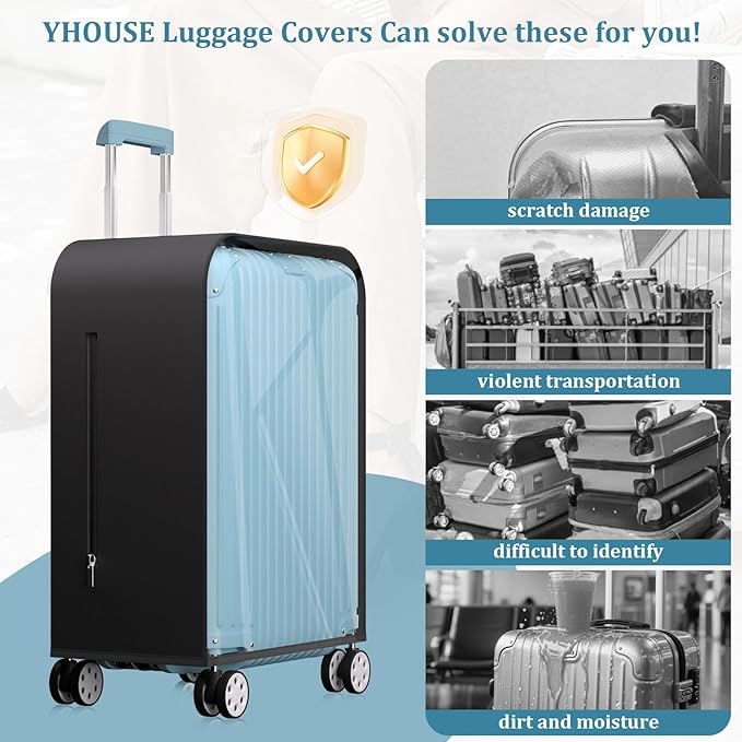 Upgraded Elastic Luggage Cover Protector - Stretchable Black Cloth + Clear TPU, Fit 26 Inch Wheeled Suitcase TSA Approved, Waterproof & Anti-Scratch, Includes Free Red Luggage Tag