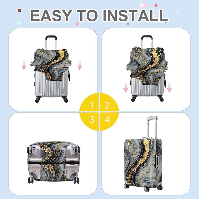 ANNA QUEEN Luxury Marble Gold Luggage Cover, Elegant Black & Grey Suitcase Protector with Faux Gold Vein Design, Stretchable, Washable Spandex Cover for 24-26 Inch Luggage