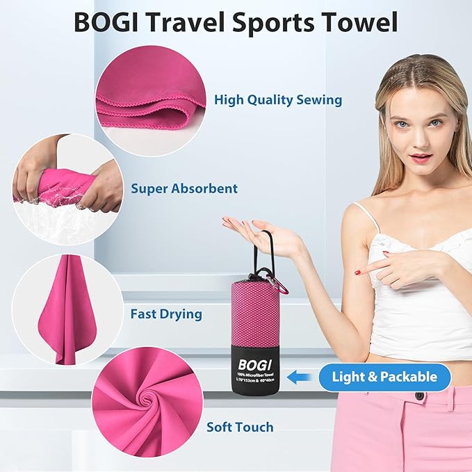 BOGI Microfiber Travel Sports Towel-Quick Dry Towel, Soft Lightweight Microfiber Camping Towel Absorbent Compact Travel Towel for Camping Gym Beach Yoga Swimming Backpacking (S:16''x32'',2Pcs-Hpink)