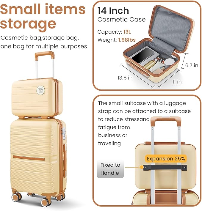 Campfun Luggage Sets 4 Piece, Expandable Carry On Luggage Set Hardshell PP, Suitcase Set with Double Spinner Wheels, Checked Durable Lightweight with TSA Lock, 14/20/24/28in, Khaki Brown(A)