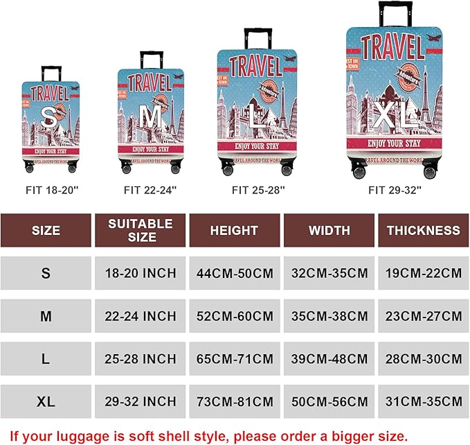 WUJIAONIAO Travel Luggage Cover Baggage Suitcase Cover Protector Skins 18-32 Inch (Tourist Attraction A28, M (for 22-24 inch luggage))