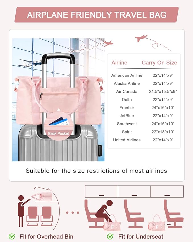 Initial Travel Duffel Bag Sports Gym Bag for Girls Teen Birthday Gifts,Pink Personalized Weekender Bag Carry On Tote Bags for Women Men,Waterproof Overnight Luggage Bag with Trolley Sleeve(Letter F)