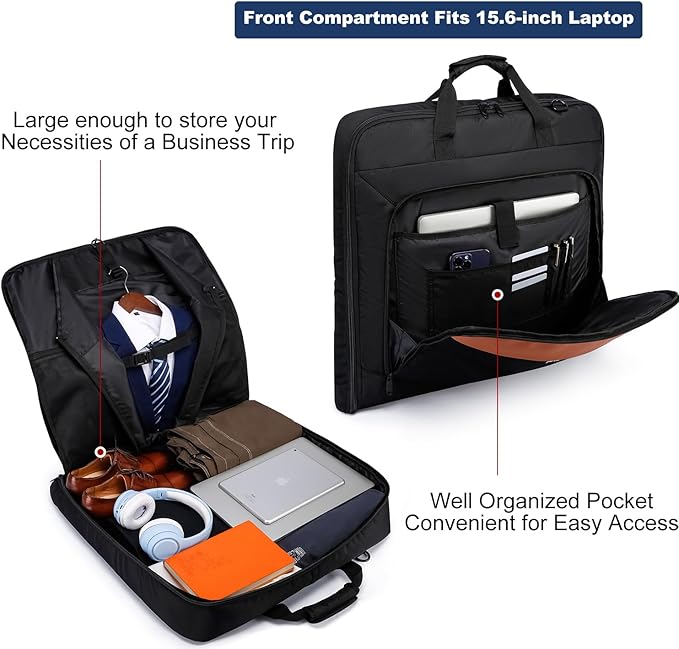 Garment Bag Travel Suit Bag for Men Large 40-Inch Carry on Garment Bag Up to 3 Suits for Business Trips,2 in 1 Hanging Suitcase Luggage Bags for Travel,Foldable Carry On Bag Fits 15.6Inch Laptop,Black
