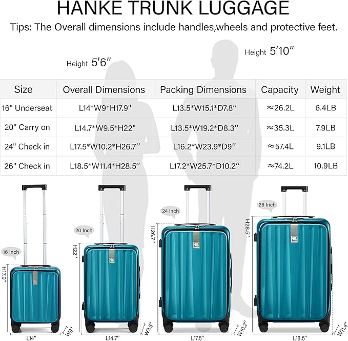 Hanke 26 Inch Large Luggage Suitcase Top Opening Aluminum Frame Tsa Luggage Hard Shell Suitcases with Wheels for Travel Woman Men, Caribbean Blue
