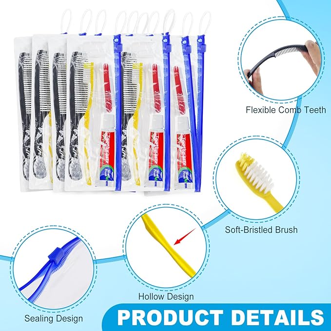 Personal Hygiene Kit Bulk Pack of 50,Yellow Disposable Toothbrushes with Toothpaste Floss Comb Cover and Hotel Vanity Set Basic Travel Toiletry Kit Supplies for Homeless,Charity,Guests