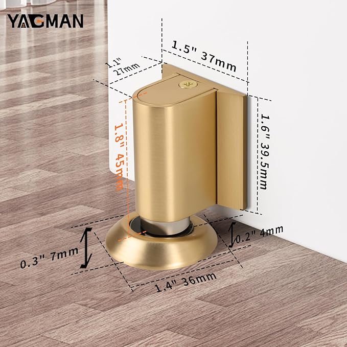 2 Pack Magnetic Door Stoppers Retractable Bottom of Door Holder No Drilling Mount Floor Door Stop with Screws and Adhesive Catch Door Keep Door Open Brushed Gold BG-2