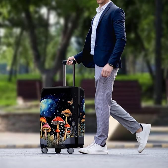 Butterfly Mushroom Print Travel Suitcase Cover Protector Elastic Zipper Closure Fit 22-25 Inch Luggage