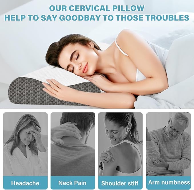 Cooling Pillows Queen Size Set of 2, Memory Foam Bed Pillows for Sleeping, Ergonomic Cervical Pillow for Neck and Shoulder Pain Relief, with Pillowcase（Grey）