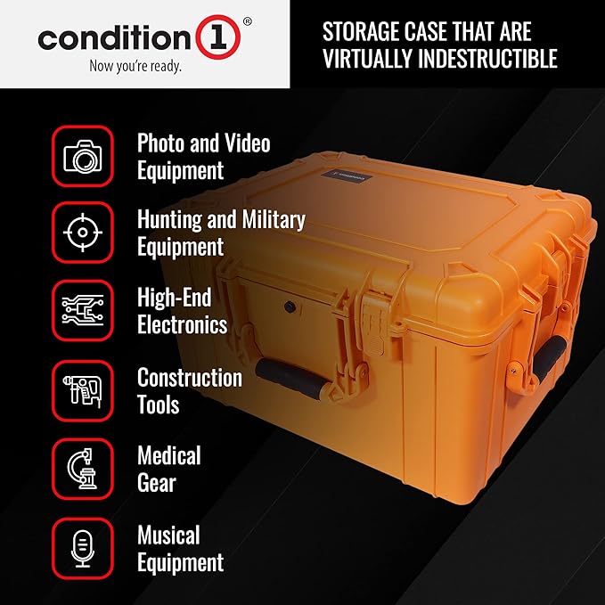 Condition 1 25" Large Heavy-Duty Protective Waterproof Hard Case, Model 024, Portable Storage Box with Customizable Foam, Camera, Tool, Hunting, Made in USA, 24.27"x19.40"x13.57" Orange