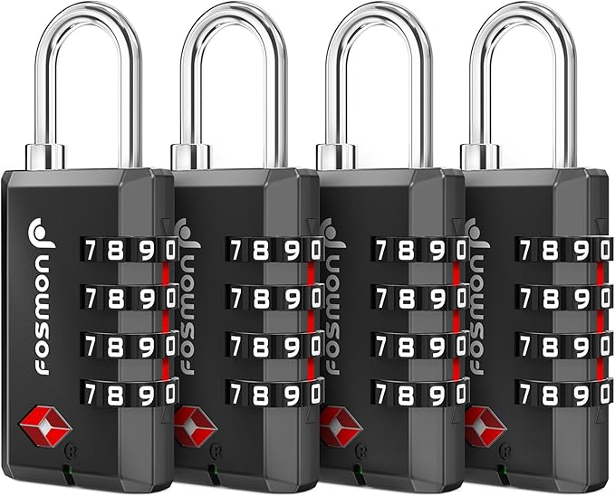 Fosmon TSA Approved Locks for Luggage/ Suitcase with Open Alert Indicator (4 Pack), Heavy Duty Gun Safe Lock for Gun Case, 4 Digit Shackle Combination Padlock for Travel, Backpack Zipper, Gym Locker