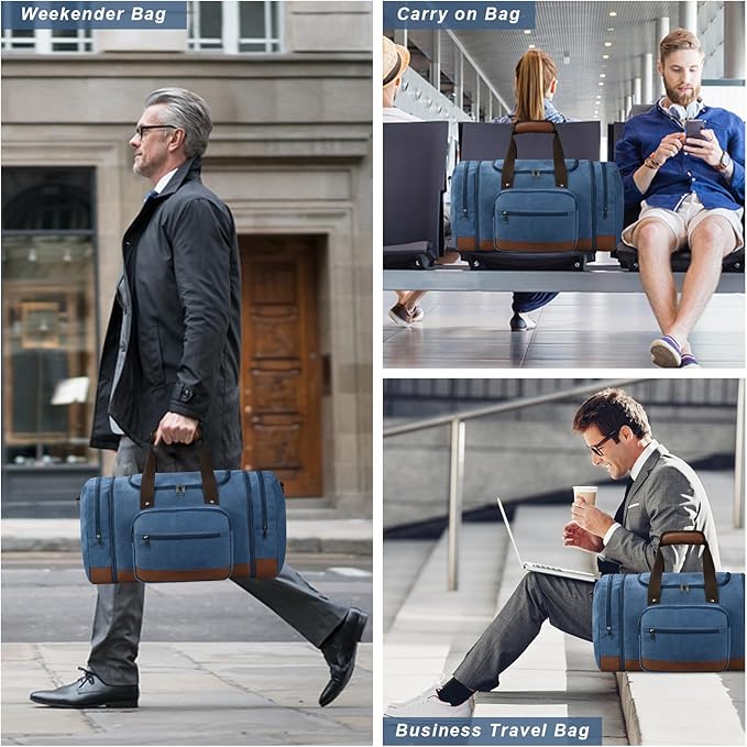 Litvyak Duffle Bag for Travel, 50L Canvas Travel Duffel Bags Overnight Weekend Gym Carry On Luggage Bag for Men & Womenn(Blue+Toiletry Bag)