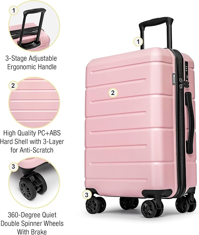 KYME Pink Luggage Sets 3 Piece (22in/26in/30in) Hardshell Suitcases with Spinner Wheels Hardside Suitcase Sets with TSA Lock Travel Rolling Luggage Set for Women Men