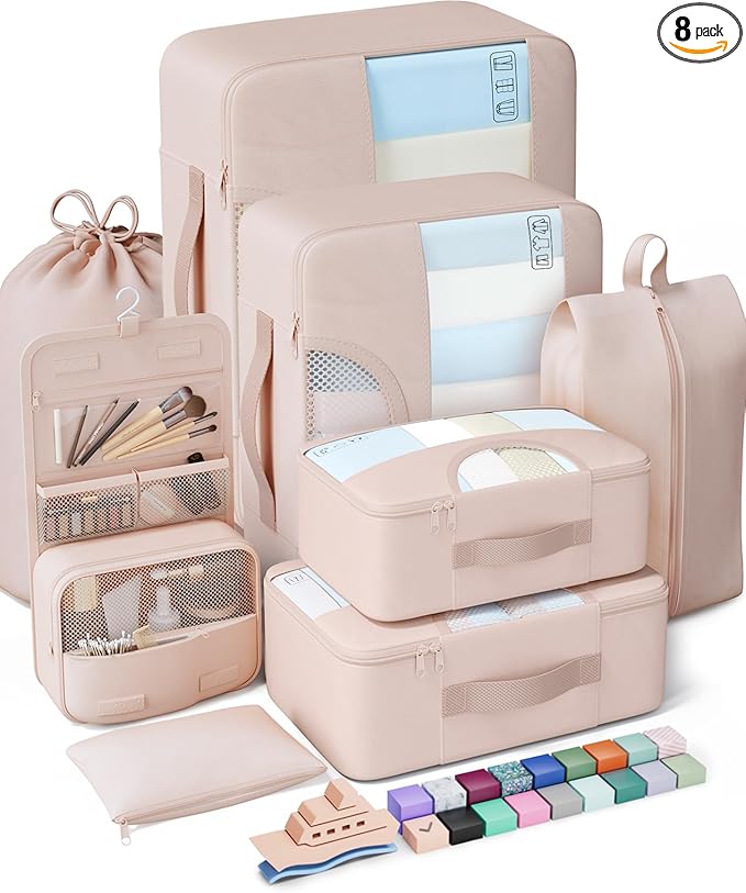 Veken 8 Set Packing Cubes for Travel, Beach Vacation Essentials Accessories for Cruise Ship, Suitcase Organizer Bags for Luggage with Hanging Toiletry & Shoe Bag, Birthday Gifts for Women Mom Her