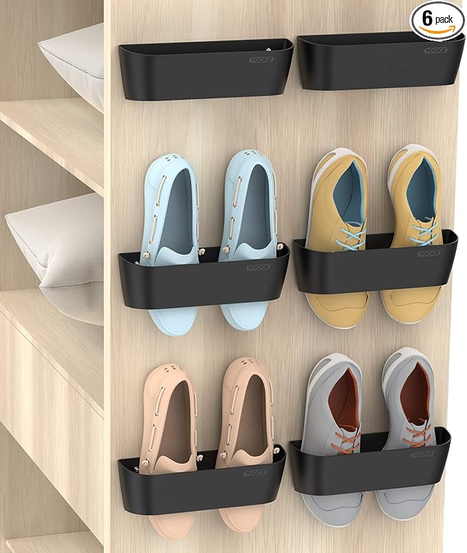 Wall Mounted Shoes Rack 6Pack with Sticky Hanging Strips, Plastic Shoes Holder Storage Organizer,Door Shoe Hangers (SM03-Black-6)