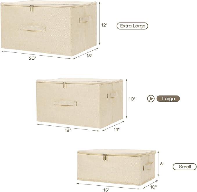 ANMINY 2PCS Storage Bins with Zipper Lids 51.9 Qt Lidded Fabric Storage Boxes Baskets Cubes with Handles Collapsible Washable Cotton Linen Closet Shelf Clothes Organizer - Beige, Extra Large