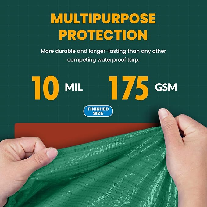 Large Waterproof Tarp - Heavy Duty 10 Mil Thick Poly Tarpaulin Ideal for Canopy Tents, Boats, RV or Pool Covers - Multipurpose Protective Tarps with Grommets for Indoor, Outdoor Use | 10' x 20' 2 Pack