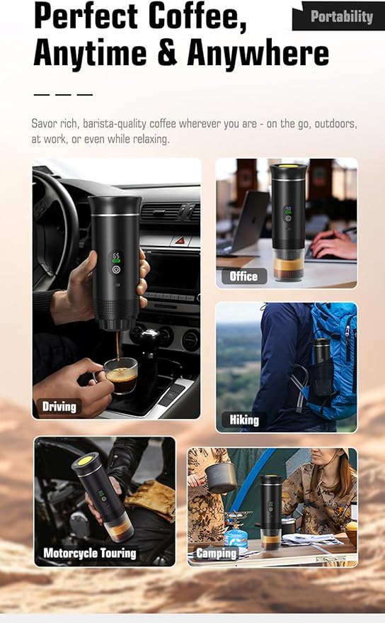 Portable Electric Coffee Maker, Digital Display, Compatible with Coffee Pods,Rechargeable Coffee Machine for Travel, Camping, RV,Home,Office (grey)