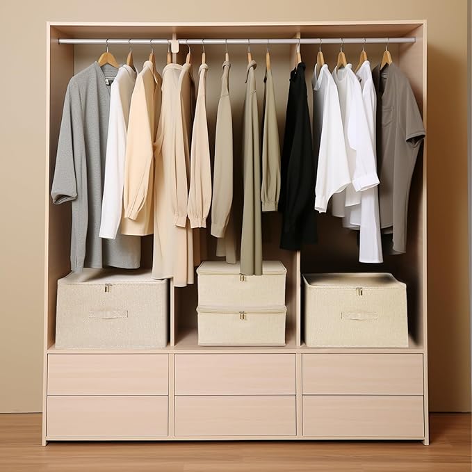 ANMINY 3PCS Storage Bins with Zipper Lids 13 Qt Lidded Fabric Storage Boxes Baskets Cubes with Handles Collapsible Washable Cotton Linen Closet Shelf Clothes Organizer Containers - Beige, Small