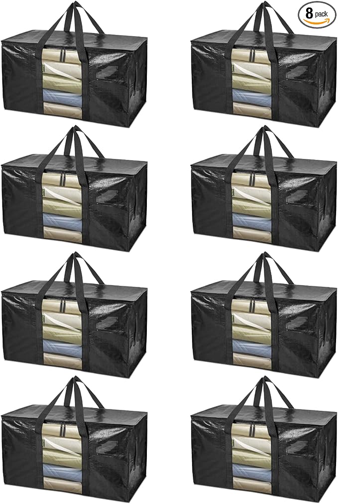 BALEINE 8-Pack Oversized Moving Bags with Reinforced Handles, Heavy-Duty Storage Tote Moving Supplies for Packaging, Camping (Black w/Window, 8-Pack)