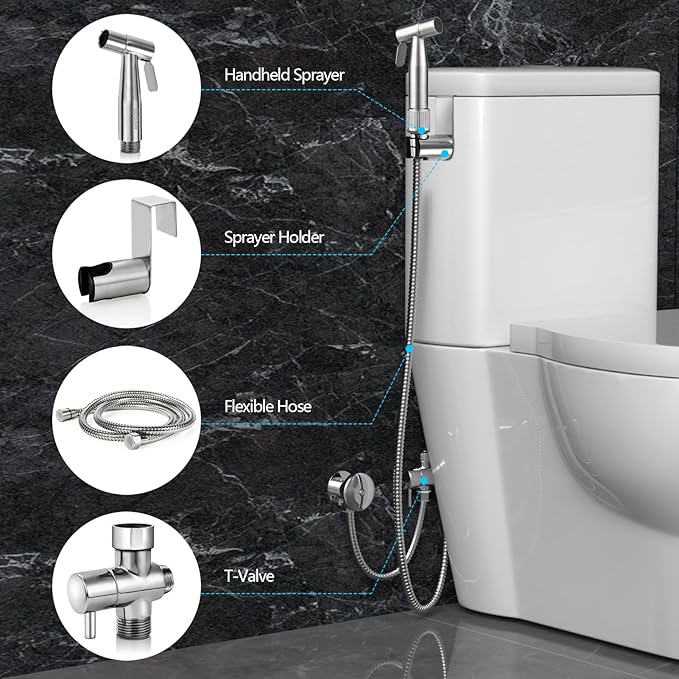 Bidet Sprayer for Toilet with Adjustable Water Pressure, Handheld Bidet Sprayer Kit- Stainless Steel（Don't‌ Use Teflon Tape for Installation）