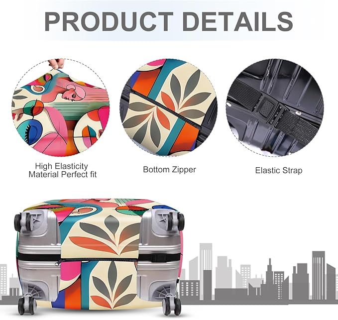 ANNA QUEEN Modern Art Fashion Luggage Cover, Stylish Abstract Woman Suitcase Protector, Washable, Stretchable Travel Sleeve for 24-26 Inch Luggage, Trendy, Colorful Design