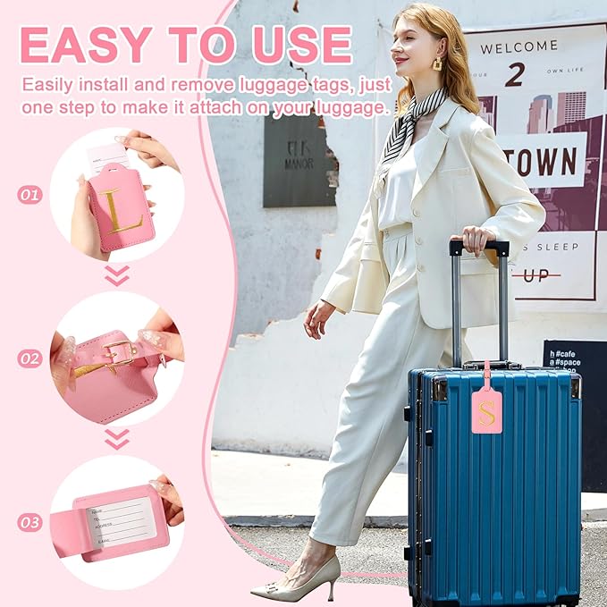 Personalized Initial Luggage Tags for Suitcase, Pink Leather Cute Luggage Tags with Privacy Cover Name Card, Embroidered Custom Monogrammed Luggage Tag Travel Bag Baggage Tags Gifts for Women Kids(S)