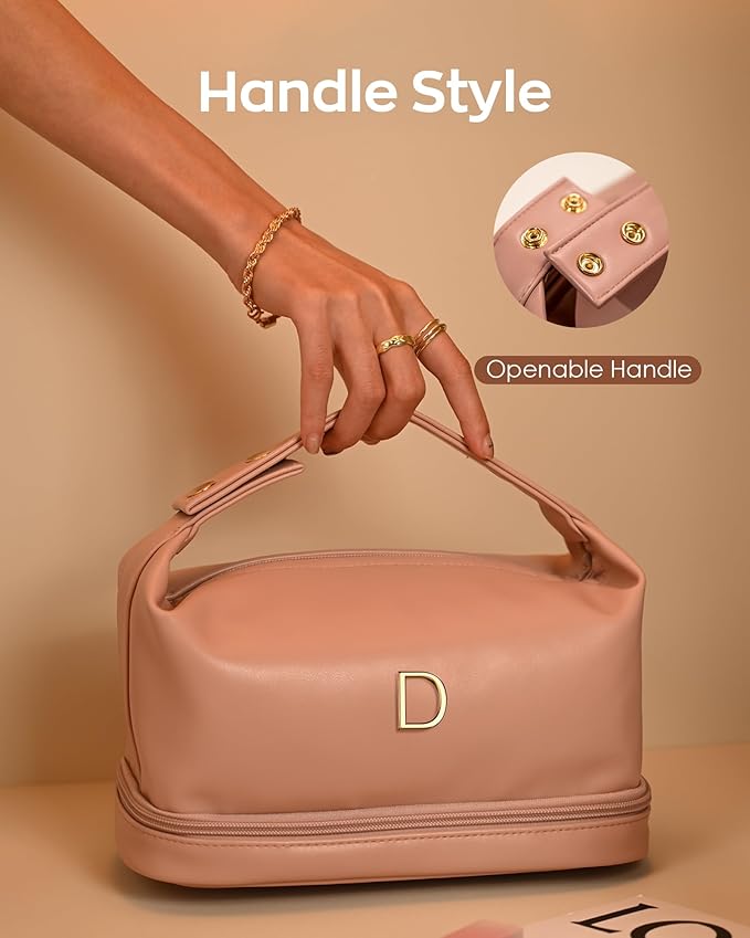 Personalized Makeup Bags, Initial Bags with Handle, Waterproof Double Layer Cosmetic Bag, Large Capacity PU Leather Makeup Bags Letter Travel Toiletry Bag with Makeup Brush Organizer