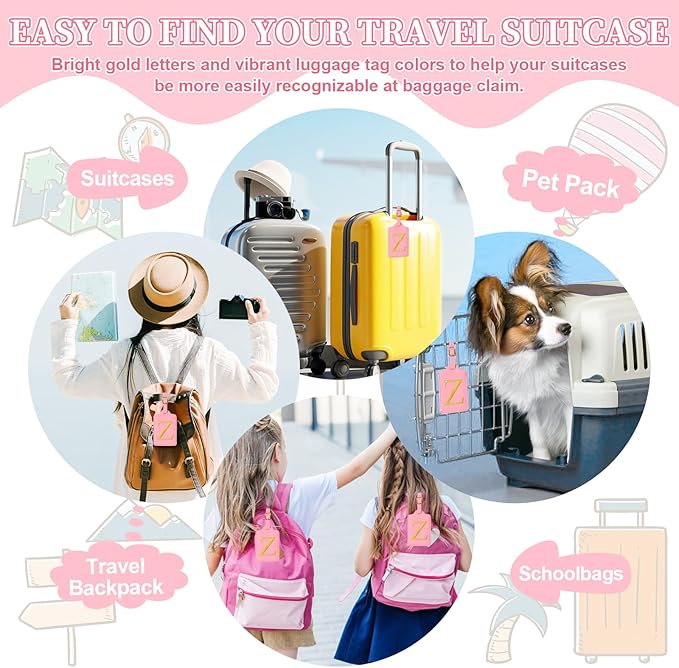 Personalized Initial Luggage Tags for Suitcase, Pink Leather Cute Luggage Tags with Privacy Cover Name Card, Embroidered Custom Monogrammed Luggage Tag Travel Bag Baggage Tags Gifts for Women Kids(Z)