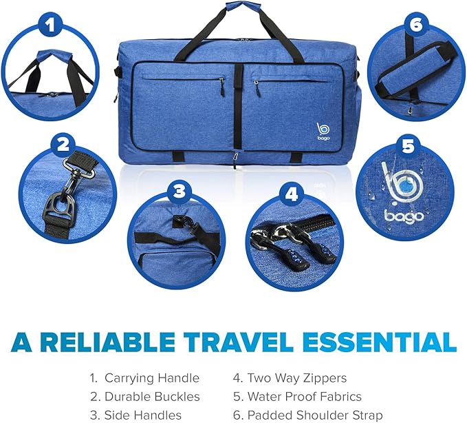 Bago Large Foldable Duffel Bags for Traveling Women & Men - 120L Packable Duffle Bag for Travel with Shoe Compartment - Water Repellant, Heavy Duty, Lightweight Folding & Collapsible (SnowDepBlue)