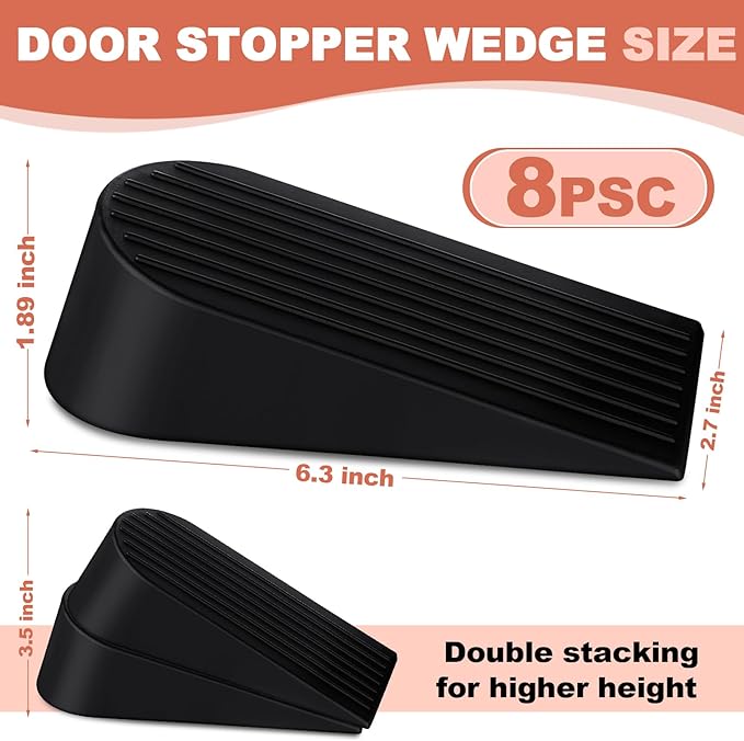 Frienda 8 Pack Large Door Stoppers Heavy Duty Rubber Stopper for Bottom of Door Wedge Stopper for Home Office (Black)