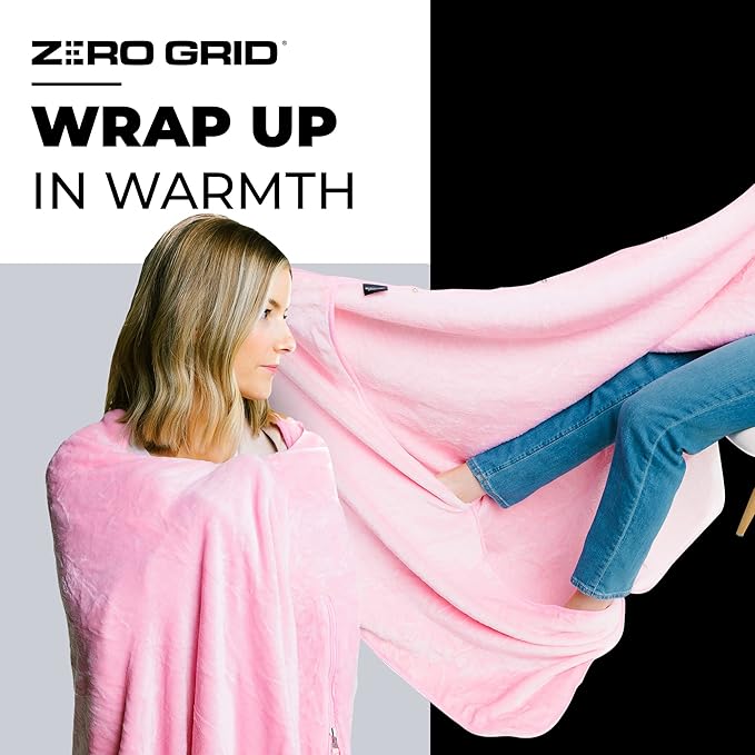 Lightweight Travel Blanket - Premium & Compact Airplane Wearable Blanket with Neck Snaps, Cozy Foot Pockets, Zipper Pouch - Converts into Soft Pillow - Designed for Ultimate Comfort - Rose