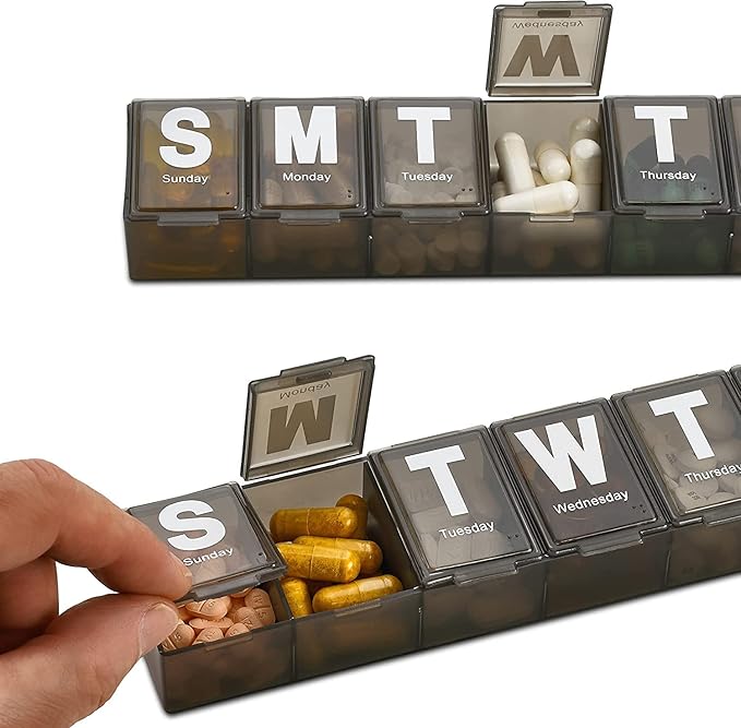 Weekly Pill Organizer - (Pack of 4) Extra Large Vitamin Container with Jumbo Easy to Read Letters, BPA Free - Daily Travel 7 Day Medication Pill Box Case, (Black)