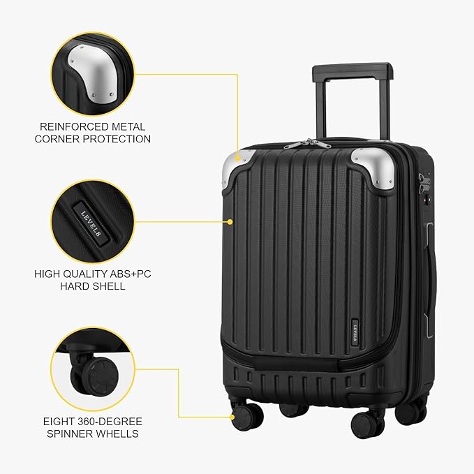 LEVEL8 Grace Carry on Luggage, 20 Inch Hard Shell Suitcases with Spinner Wheels, Abs+Pc Hard Case Luggages with Tsa Lock, Black
