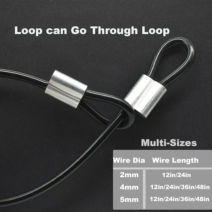 5 Pcs 5mm Wire 48 inch Vinyl Coated Stainless Steel Cable with Loops Short Wire Rope Lanyard Lock Security Chain Link for Outdoor Gates, Black(5mm x 48inch)